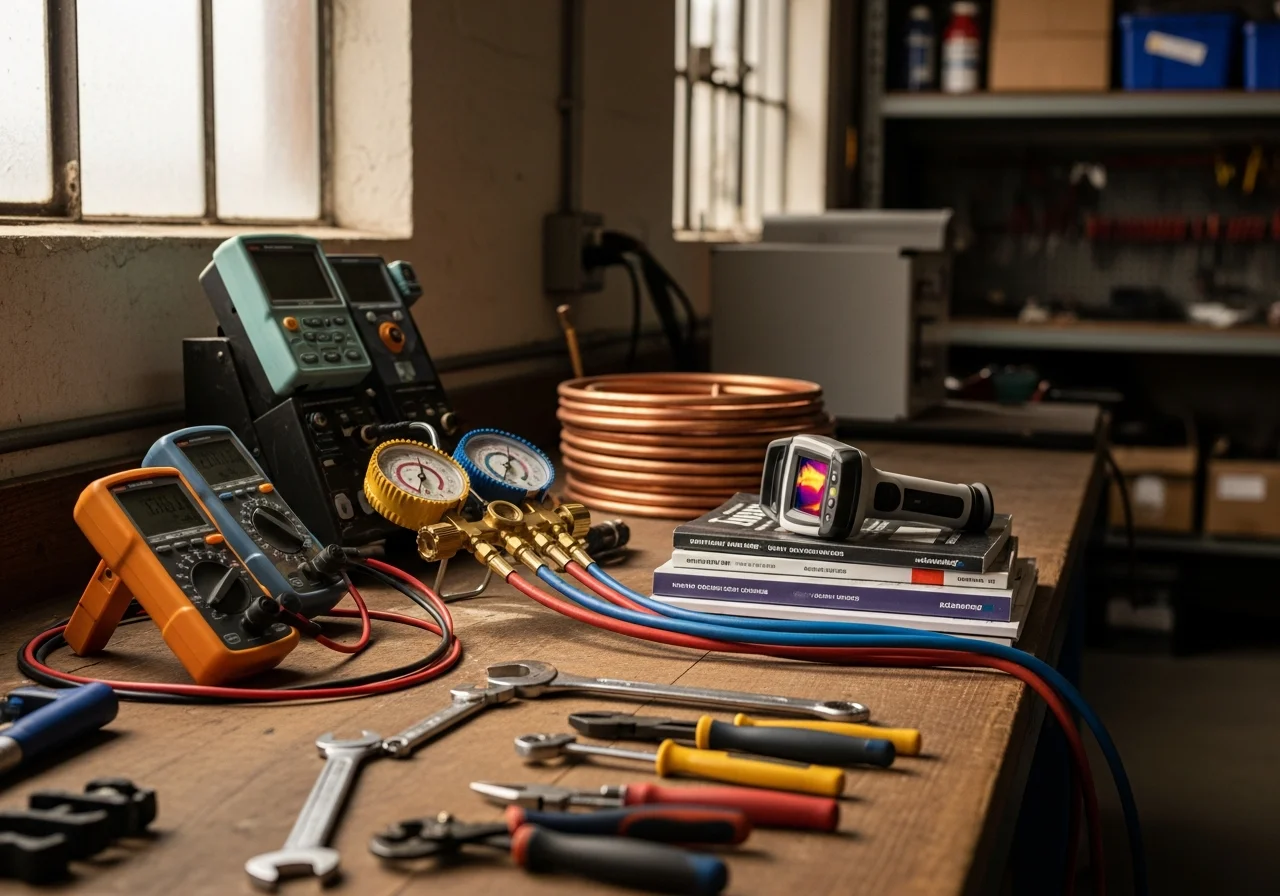 HVAC technician tools and equipment on a workbench, ready for service calls.