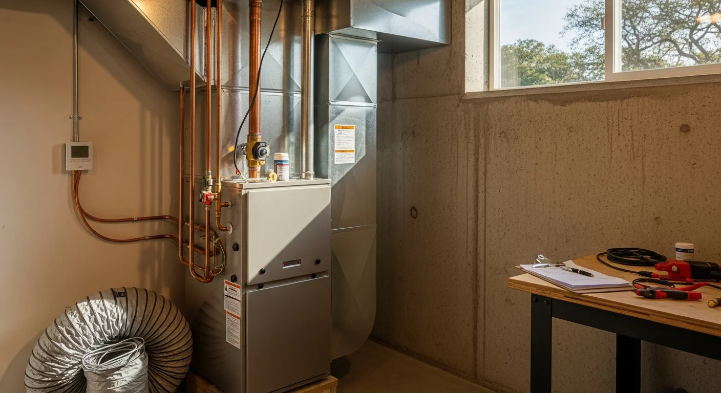 Technician installing a residential furnace and heating system