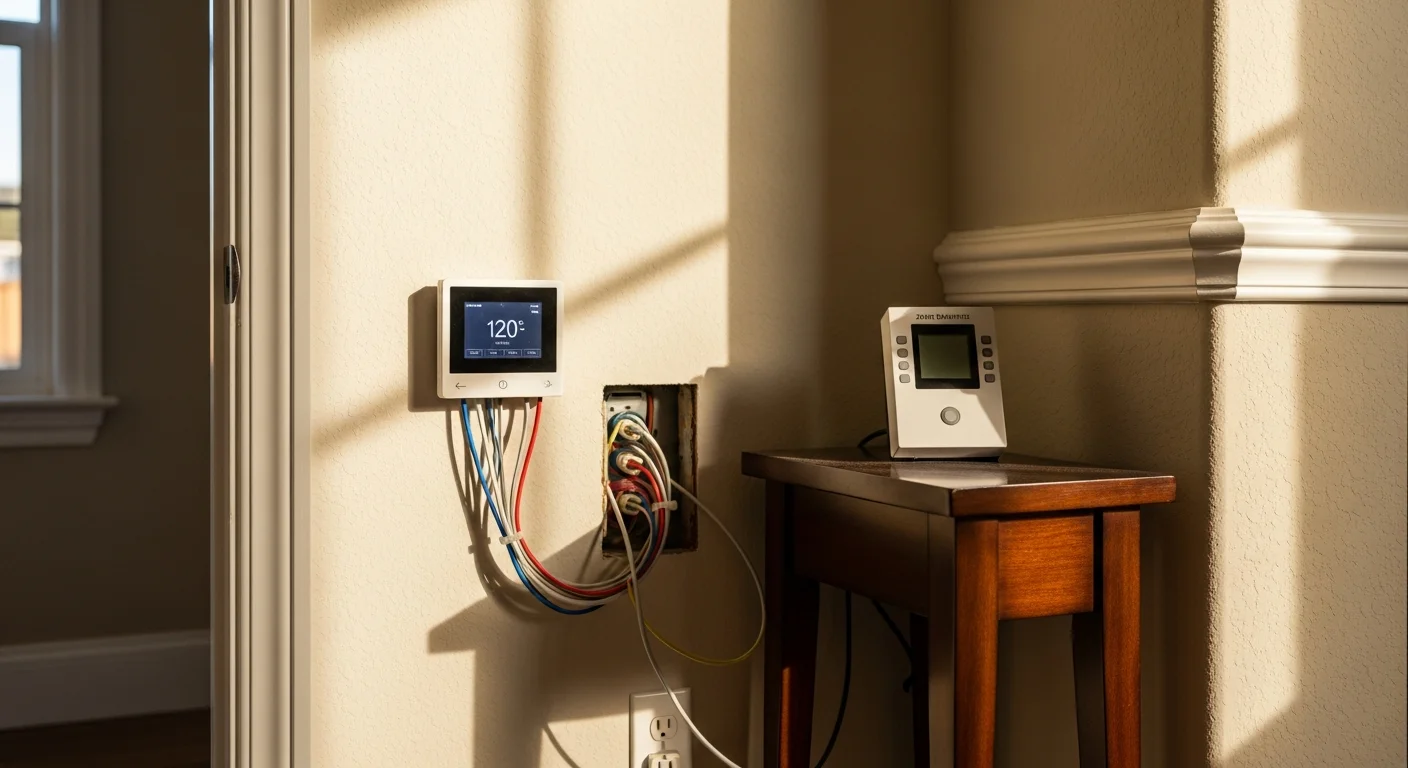 Programmable thermostat mounted on a residential wall