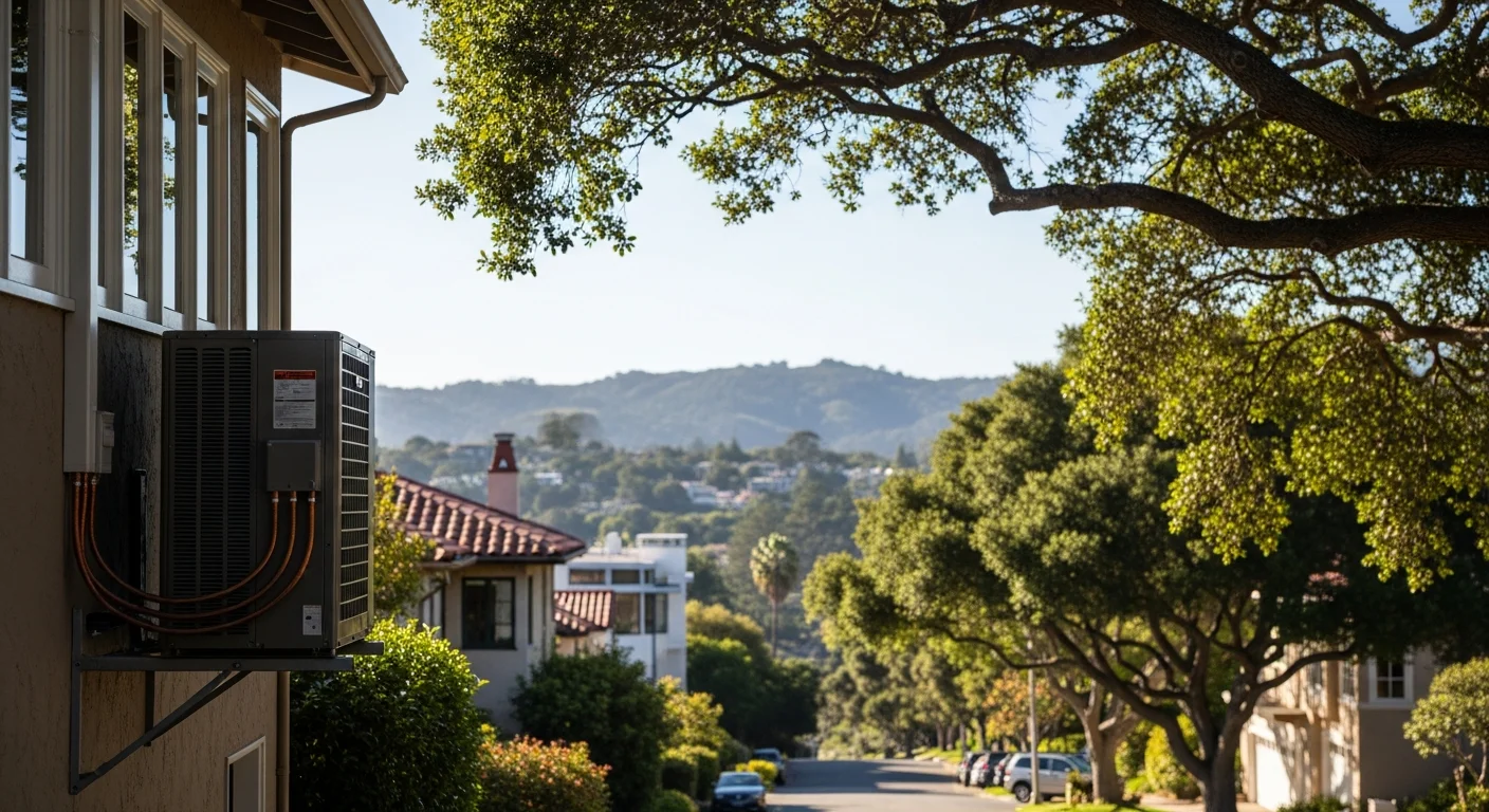 Residential street in Marin County with tree-lined homes and hillside views in the background.