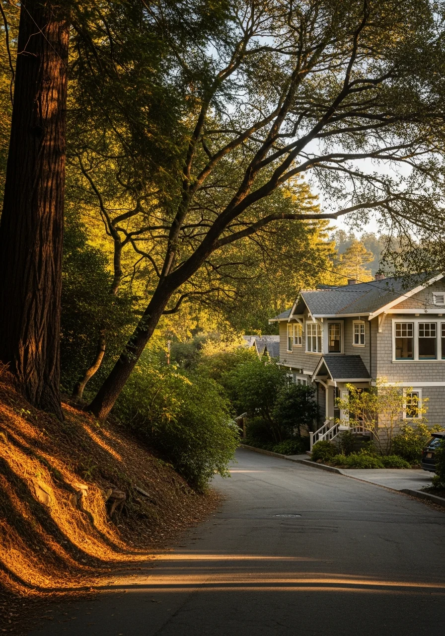 Mill Valley property exterior showing quality construction nestled in tree-covered hillside terrain.