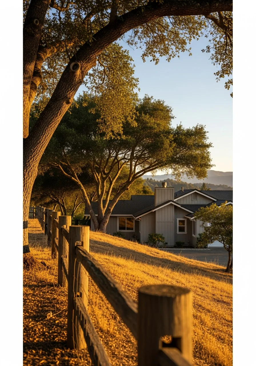 Sonoma County rural home with native oak trees and natural landscape framing the property.