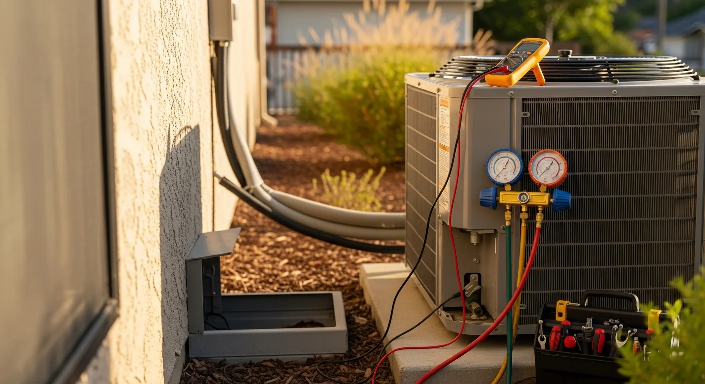 A JM HVAC technician inspecting an outdoor air conditioning condenser unit at a single-family home in Marin County, California. The technician checks coil and refrigerant connections during a pre-summer maintenance visit.