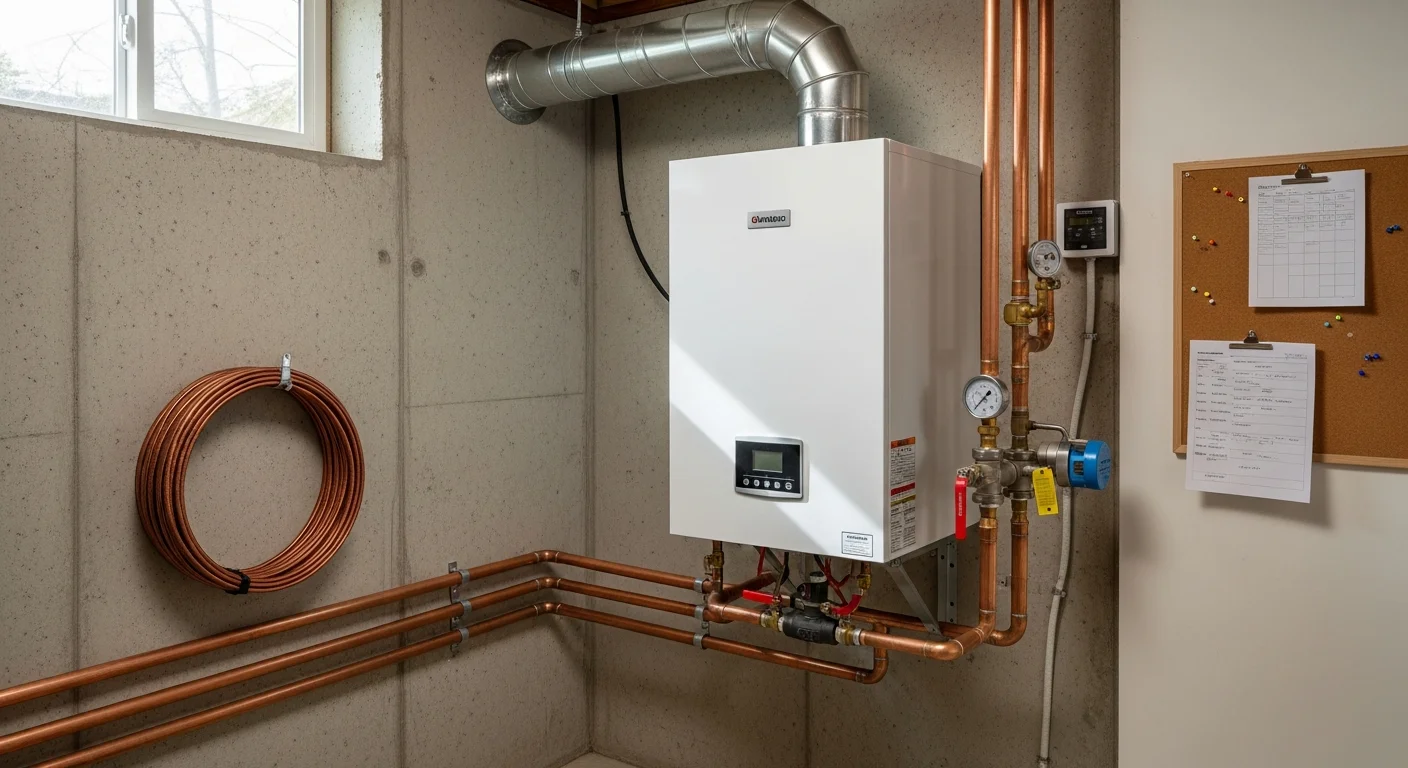 A newly installed wall-hung condensing boiler mounted in a compact mechanical room of a Marin County home. Copper hydronic piping and zone controls are connected and neatly run along the wall.