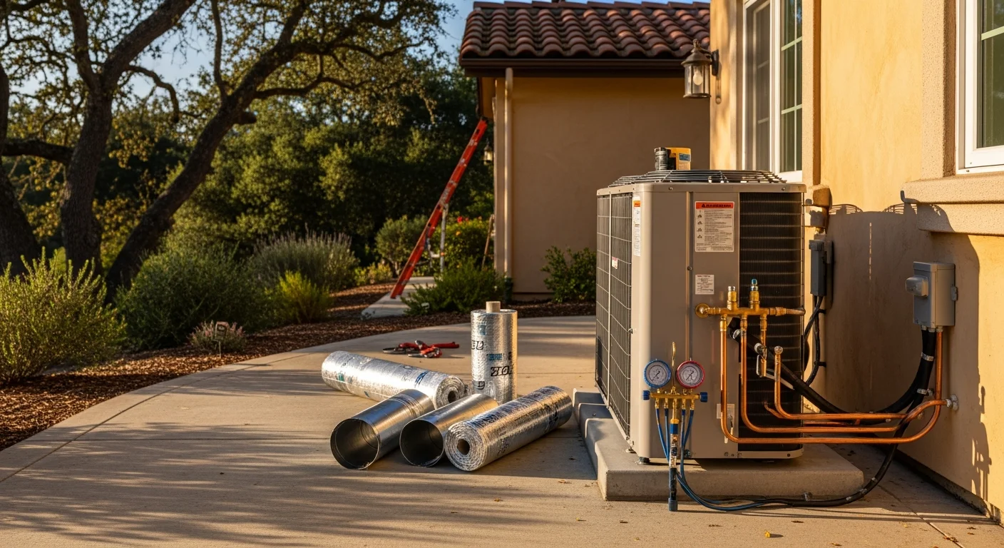 A residential central air conditioning outdoor condenser unit installed on the side of a single-family home in Marin County, California. The unit sits on a concrete pad beside a wood-sided house with a hillside backdrop typical of the area.