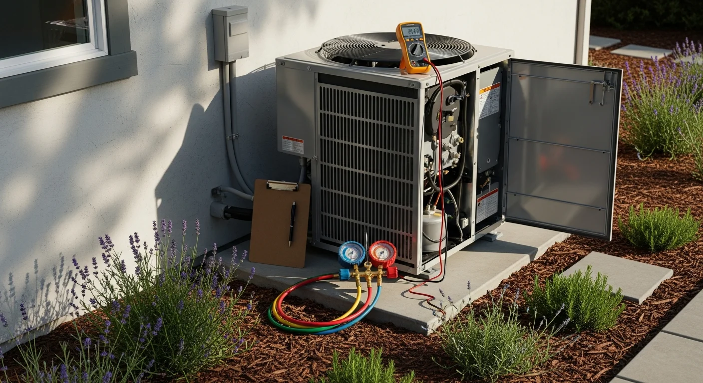 A JM HVAC technician inspecting the outdoor condenser unit of a central air conditioning system at a single-family home in Marin County, California. The image shows the technician checking internal components with tools during a repair visit on a clear summer day.