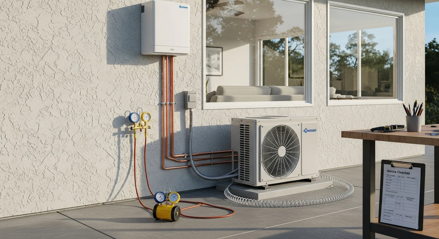 A wall-mounted ductless mini split indoor unit installed in a room of an older single-family home in Marin County, California. The outdoor condenser unit is mounted on an exterior wall beside the home's siding.