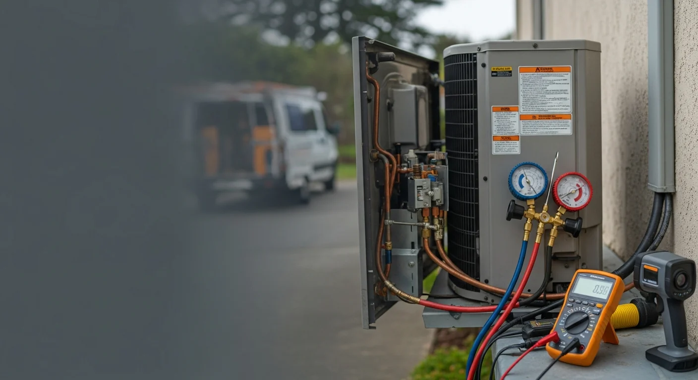A licensed HVAC technician inspecting an outdoor condenser unit at a residential property in Marin County, California. The unit shows signs of coastal corrosion on the coil fins, with a hillside neighborhood visible in the background.
