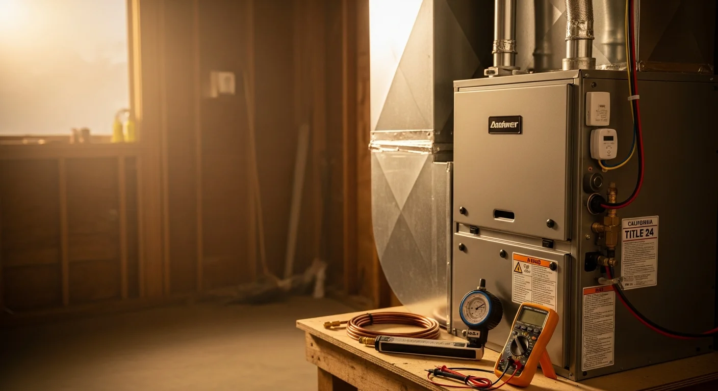 A newly installed furnace unit in a Marin County home utility closet, with clean ductwork connections and a digital thermostat visible on the adjacent wall. The installation shows tidy venting and properly sealed duct joints typical of a residential forced-air heating setup.