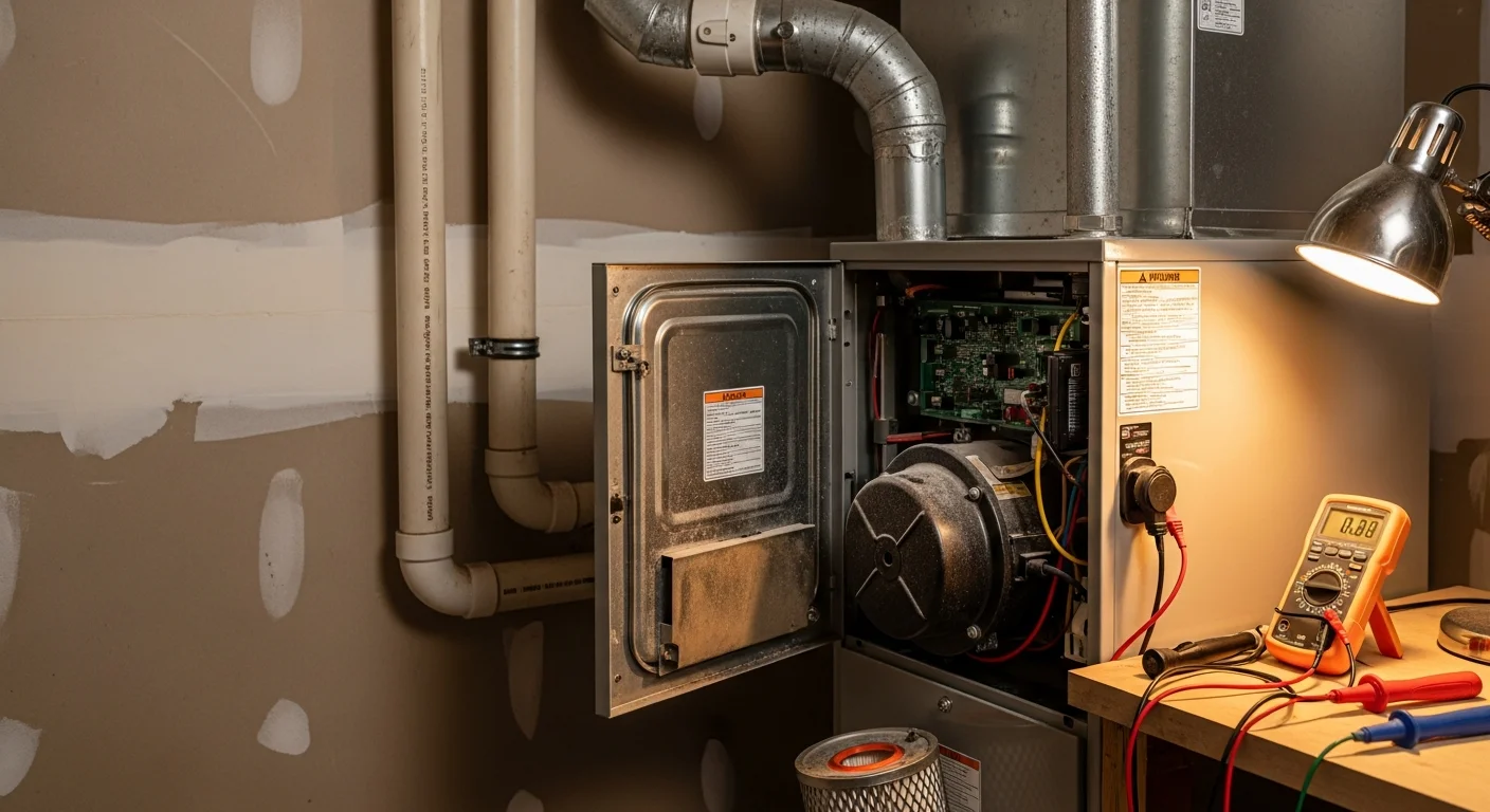 A technician inspecting the interior components of a gas furnace inside a Marin County home. The furnace is mounted in a utility closet with visible ductwork connections and a recently replaced air filter on the floor beside it.