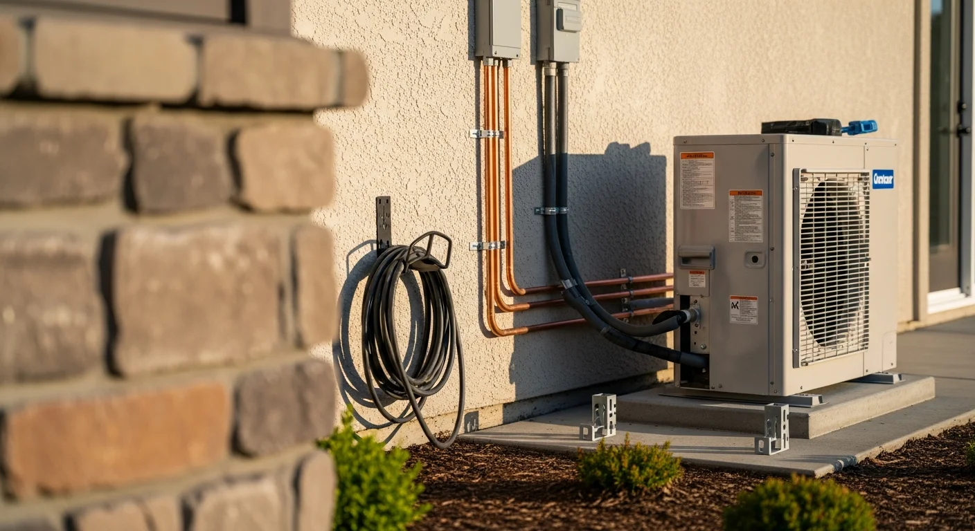 A wall-mounted heat pump indoor air handler installed in a Marin County home with visible ductwork connections and a clean drywall finish. The outdoor condenser unit sits on a concrete pad beside the exterior wall of a single-family residence.