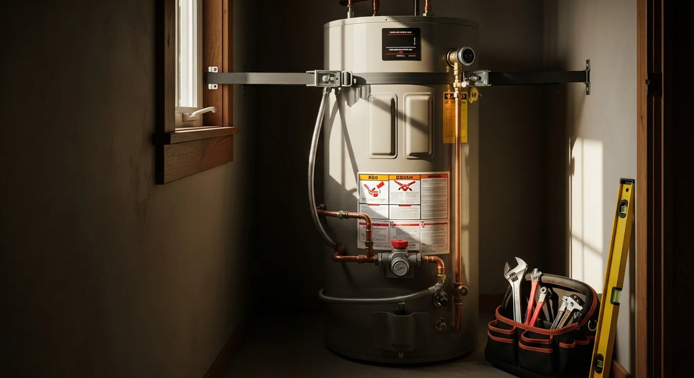 A newly installed water heater in a residential utility space in Marin County, California, with visible seismic strapping and connected supply lines. The unit sits in a tight interior closet typical of older Marin County single-family homes.