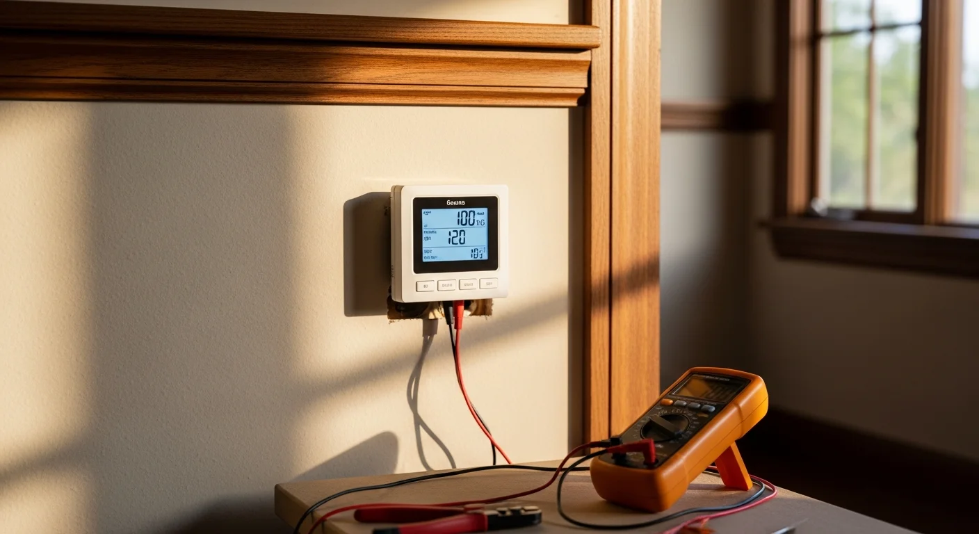 A newly installed HVAC control system mounted on an interior wall of a Marin County home, with visible wiring connections and a clean wall plate. The control unit is paired with a residential forced-air system in a single-family home typical of the county's mid-century housing stock.