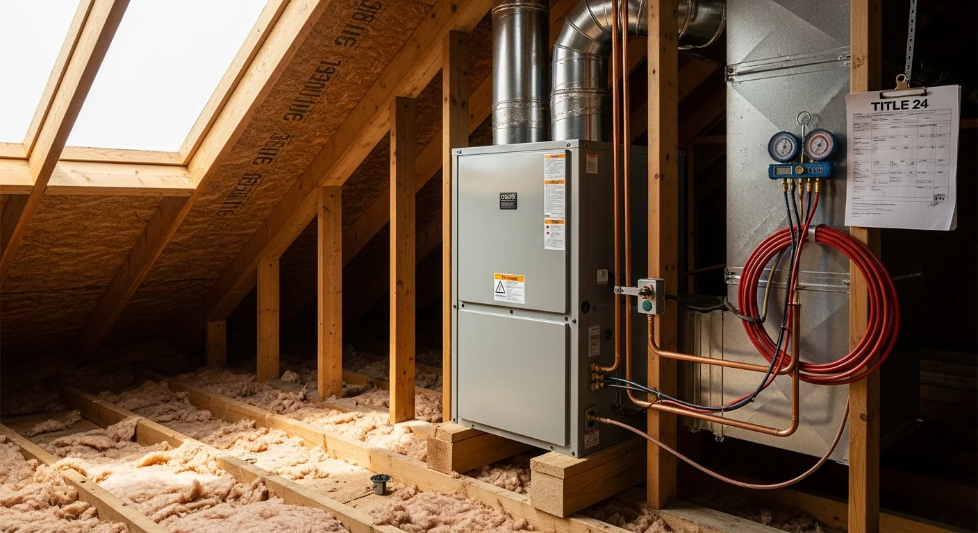 A newly installed HVAC system on the exterior of a single-family home in Marin County, California. The unit is mounted on a concrete pad beside the house with copper refrigerant lines running to the interior air handler.