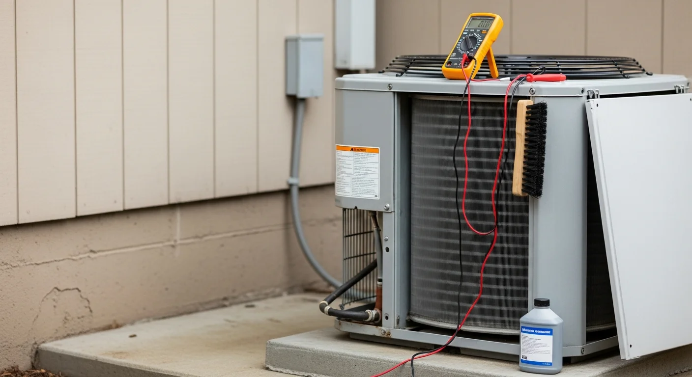A JM HVAC technician inspecting and cleaning the outdoor condenser unit of a residential HVAC system in Marin County, California. The unit sits beside a single-family home with coastal hillside landscaping visible in the background.