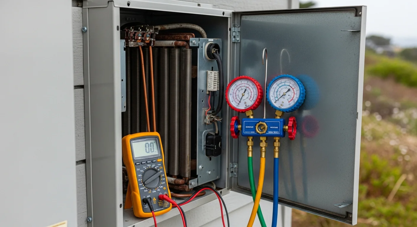 A technician inspecting an outdoor HVAC condenser unit at a single-family home in Marin County, California. The unit shows signs of coastal weathering, with the technician checking coil and electrical connections during a repair visit.