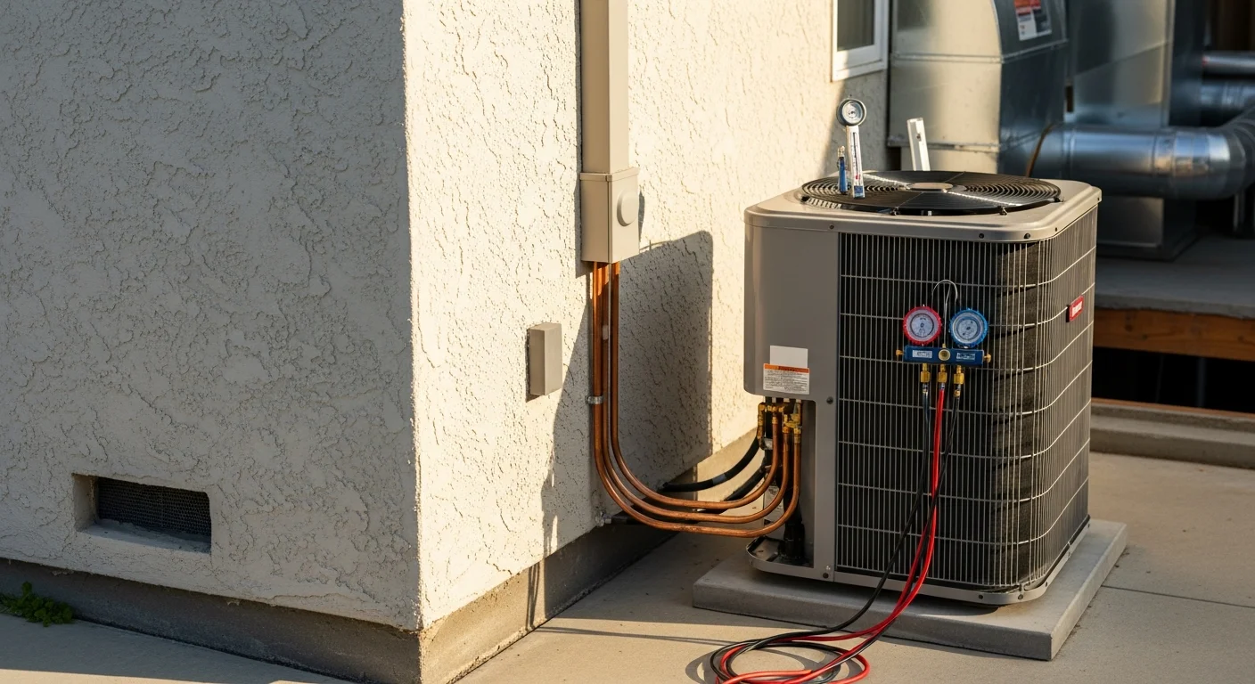 A newly installed HVAC outdoor condenser unit positioned beside a single-family home in Marin County, California. The surrounding landscape shows the area's characteristic coastal vegetation, with the system cleanly mounted on a level pad against the exterior wall.