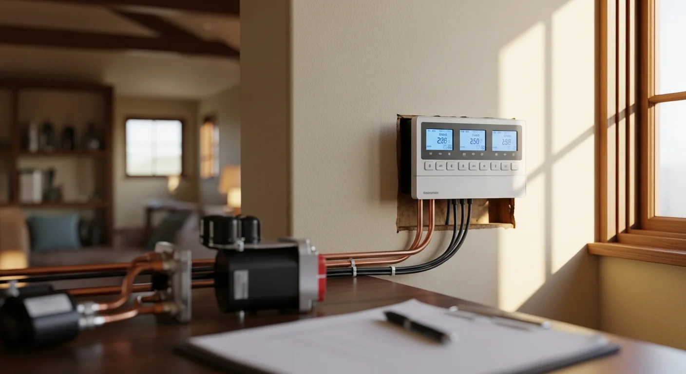 A JM HVAC technician installing a motorized duct damper inside a residential home in Marin County, California. Zone control thermostats are mounted on the wall in the background of a multi-level home interior.