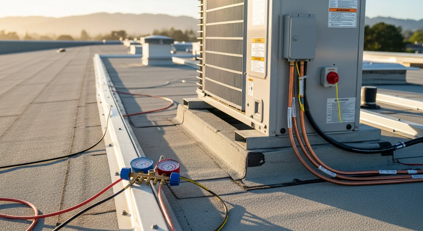 A rooftop packaged HVAC unit mounted on a commercial flat roof in Marin County, California, with visible curb mounting hardware and connected ductwork. Coastal hills and overcast marine layer sky visible in the background.