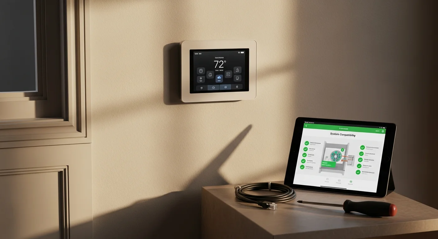 A smart thermostat mounted on an interior wall of a Marin County home showing a programmed weekly heating and cooling schedule on its digital display. An HVAC technician from JM HVAC stands nearby reviewing the settings with the homeowner.