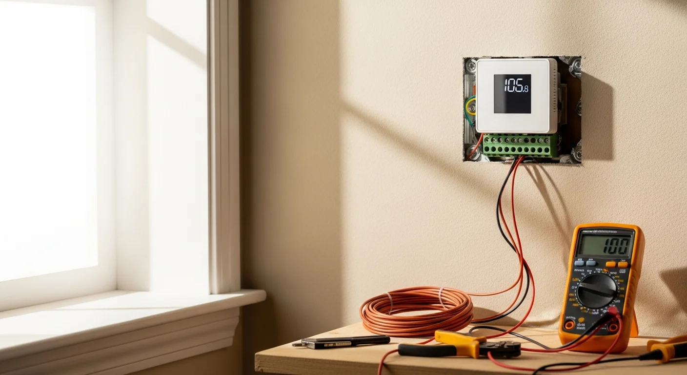 A newly installed thermostat mounted on an interior wall of a Marin County home, with a technician completing the final wiring check. The setting shows a residential living area typical of the North Bay region.