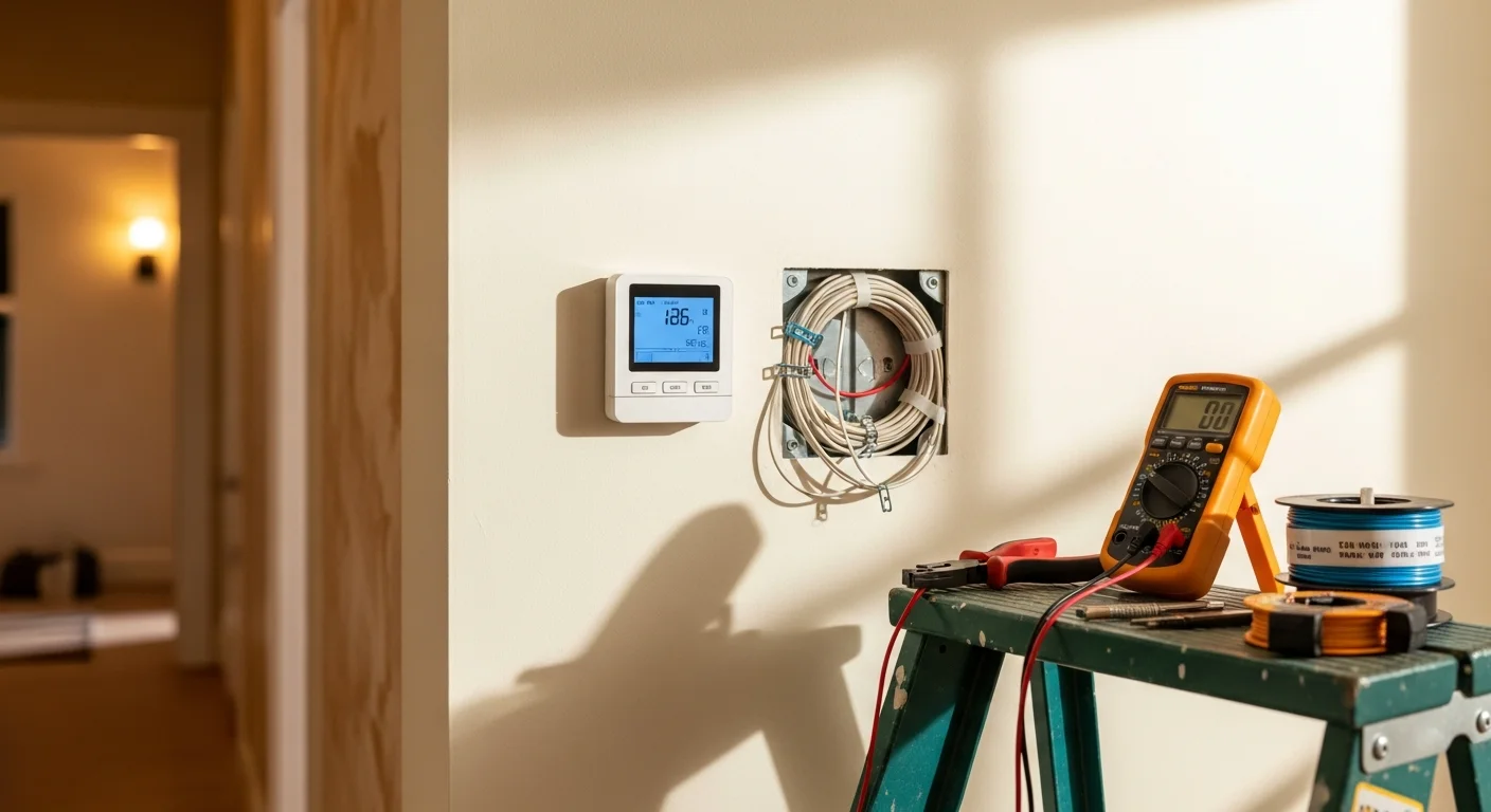 A JM HVAC technician installing a replacement thermostat on the wall of a Marin County home. The work area shows exposed low-voltage wiring connected to a new thermostat unit mounted in a residential interior.